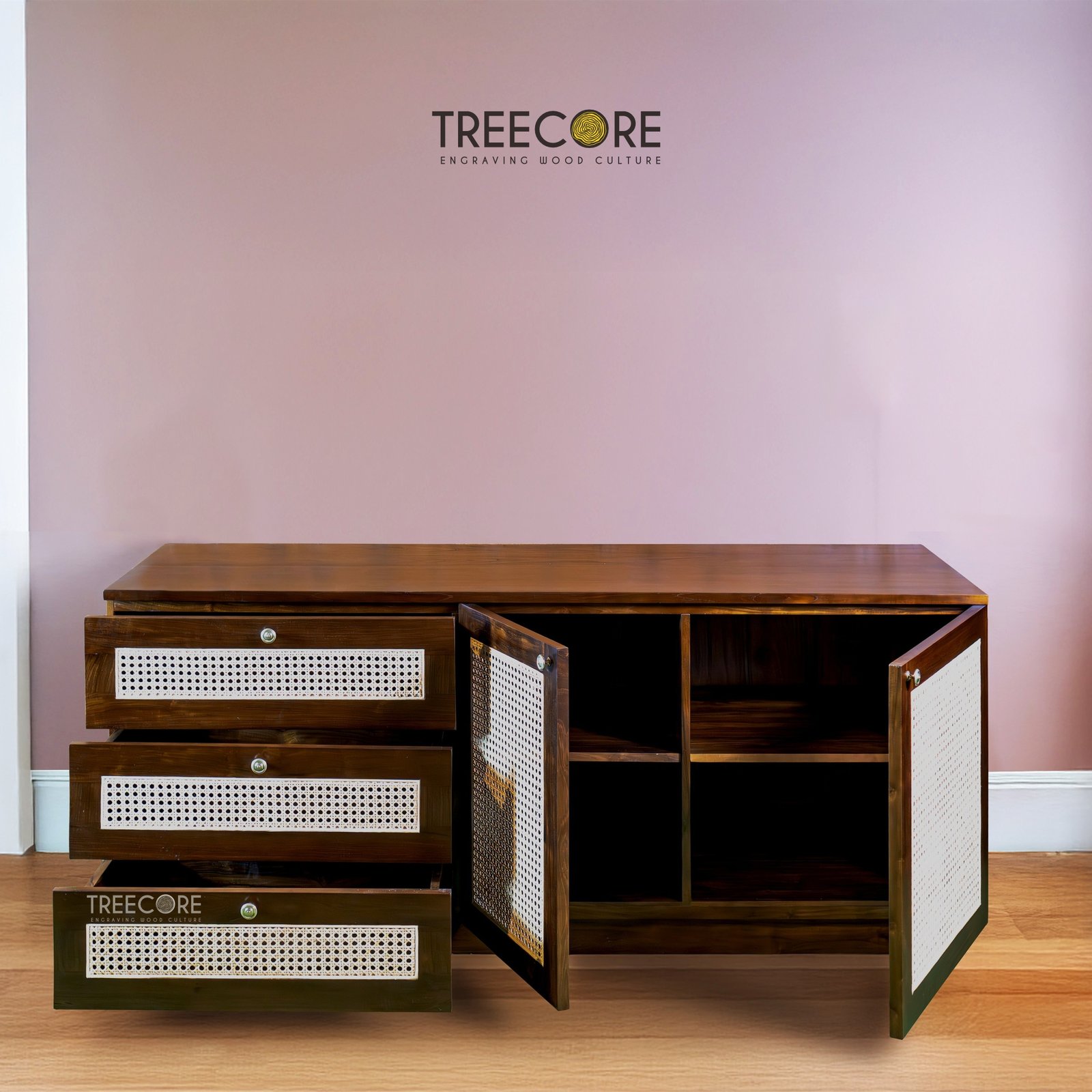 Multi-Function Wooden Cabinet with Rattan Doors