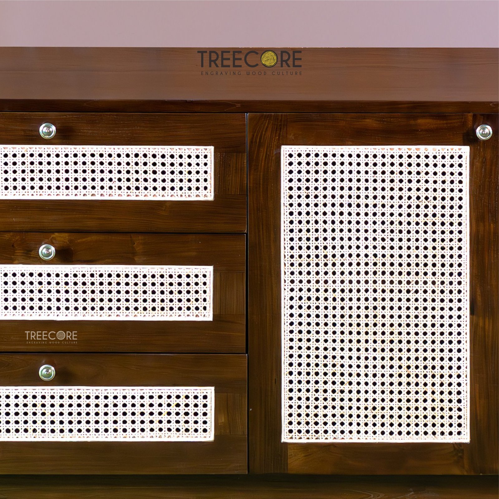 Multi-Function Wooden Cabinet with Rattan Doors