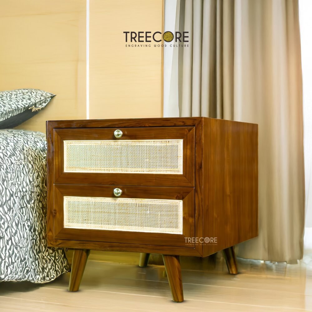 Wooden Nightstand Rattan Accent