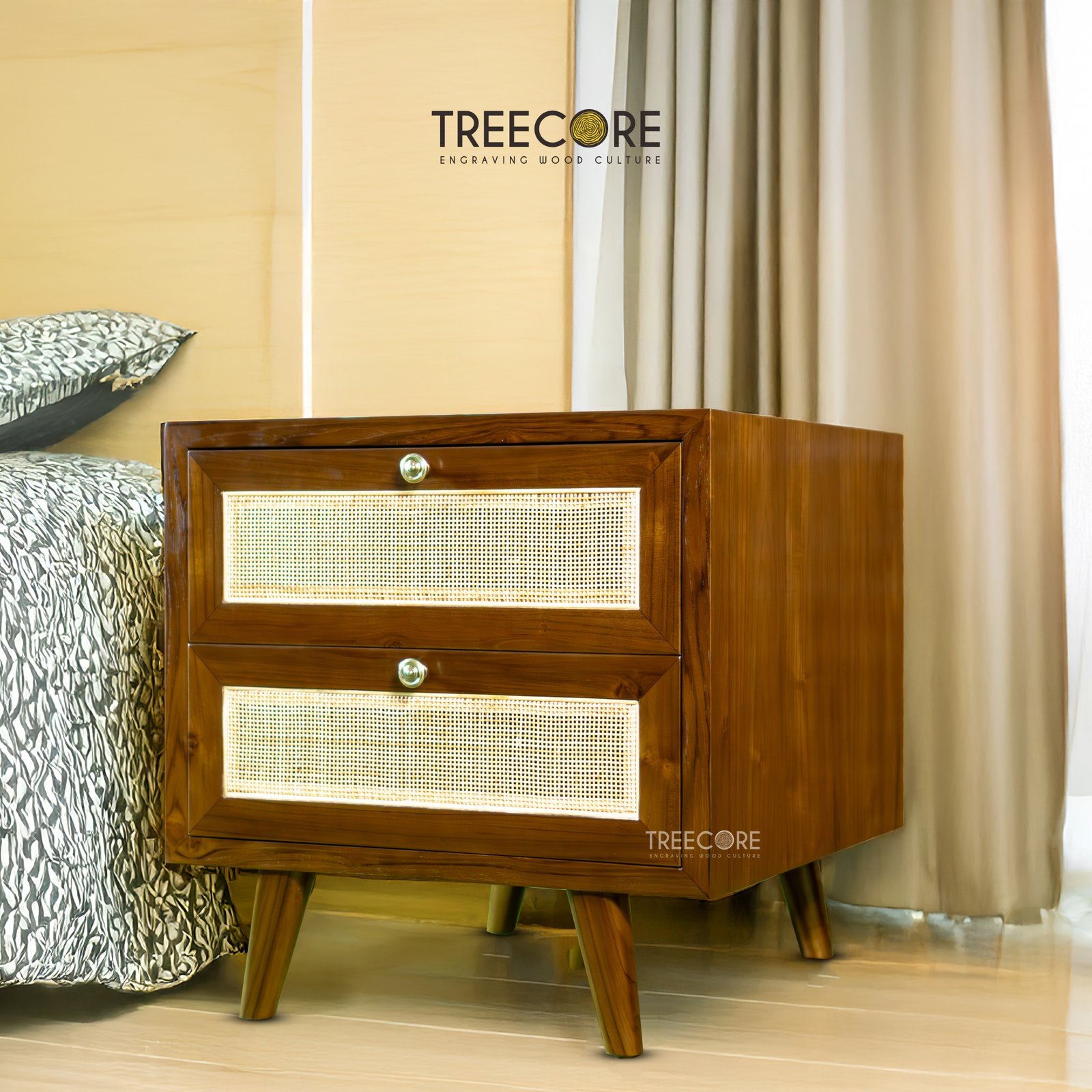 Minimalist Beauty Wooden Nightstand with Organic Rattan Detail