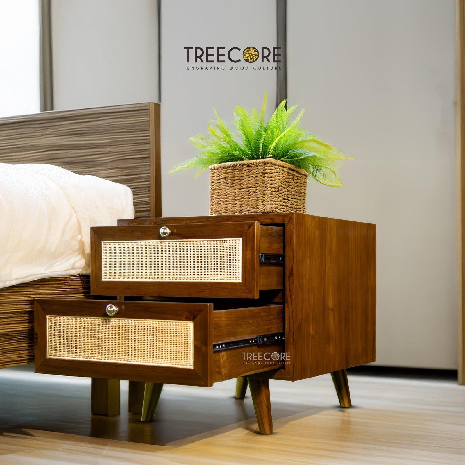 Minimalist Beauty Wooden Nightstand with Organic Rattan Detail
