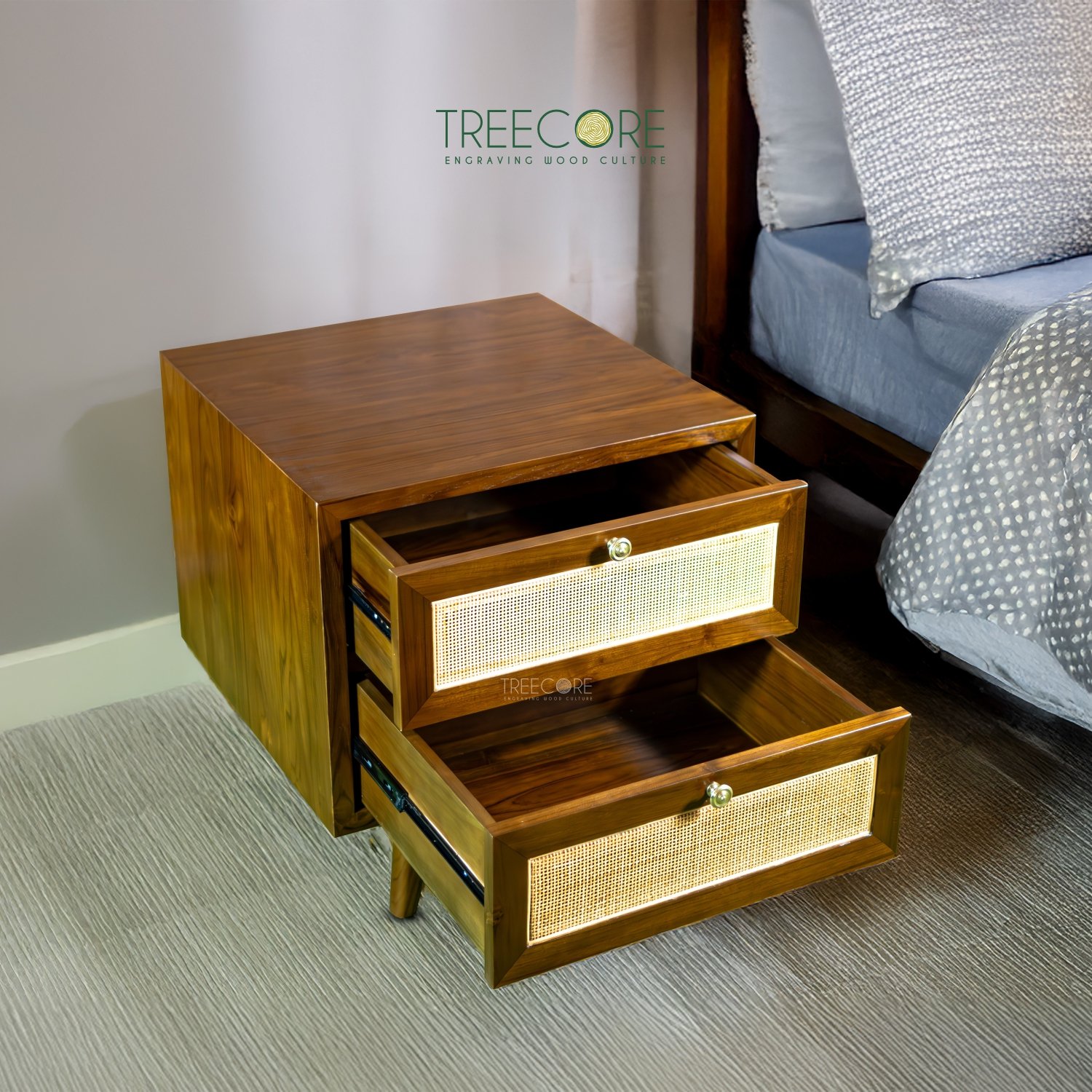 Minimalist Beauty Wooden Nightstand with Organic Rattan Detail