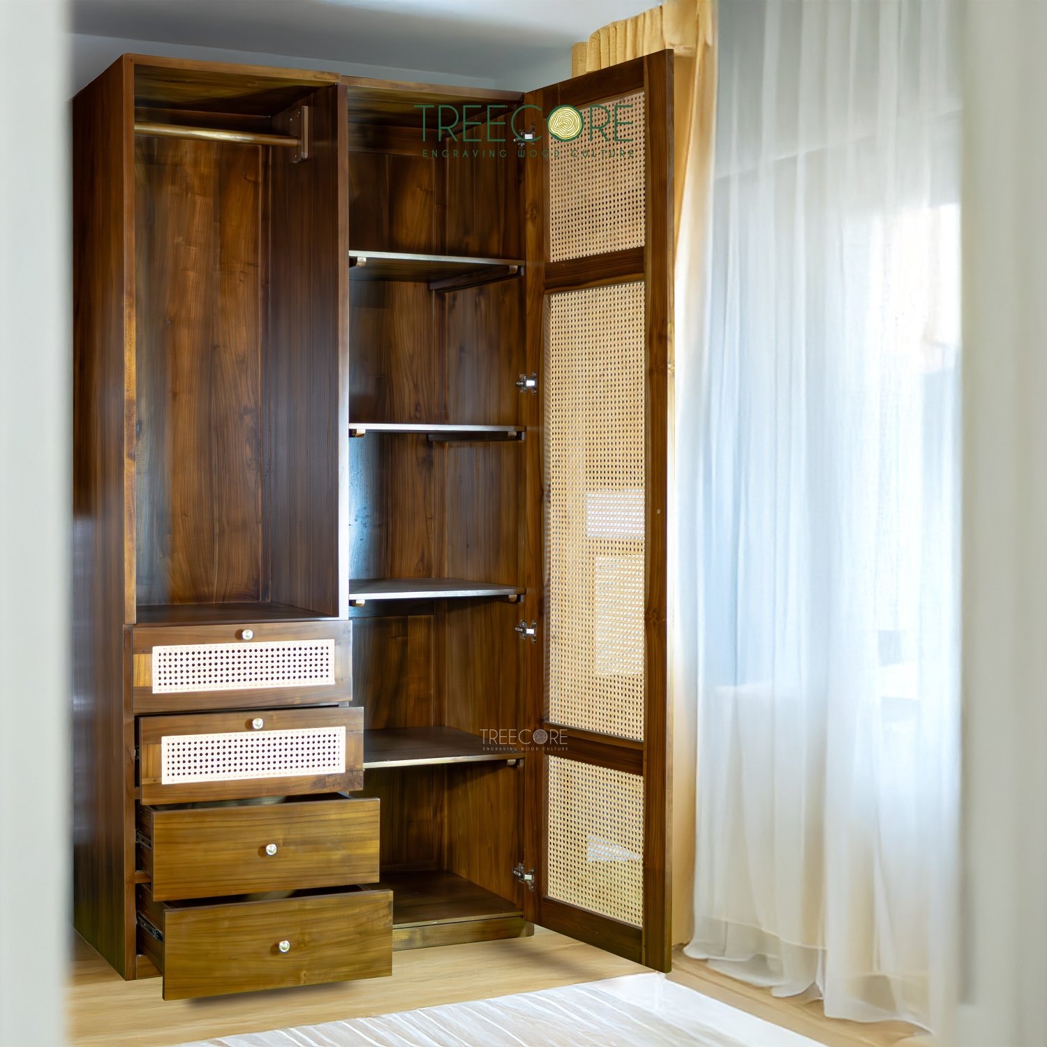 Handcrafted Wooden Wardrobe with Drawers and Natural Rattan Accents