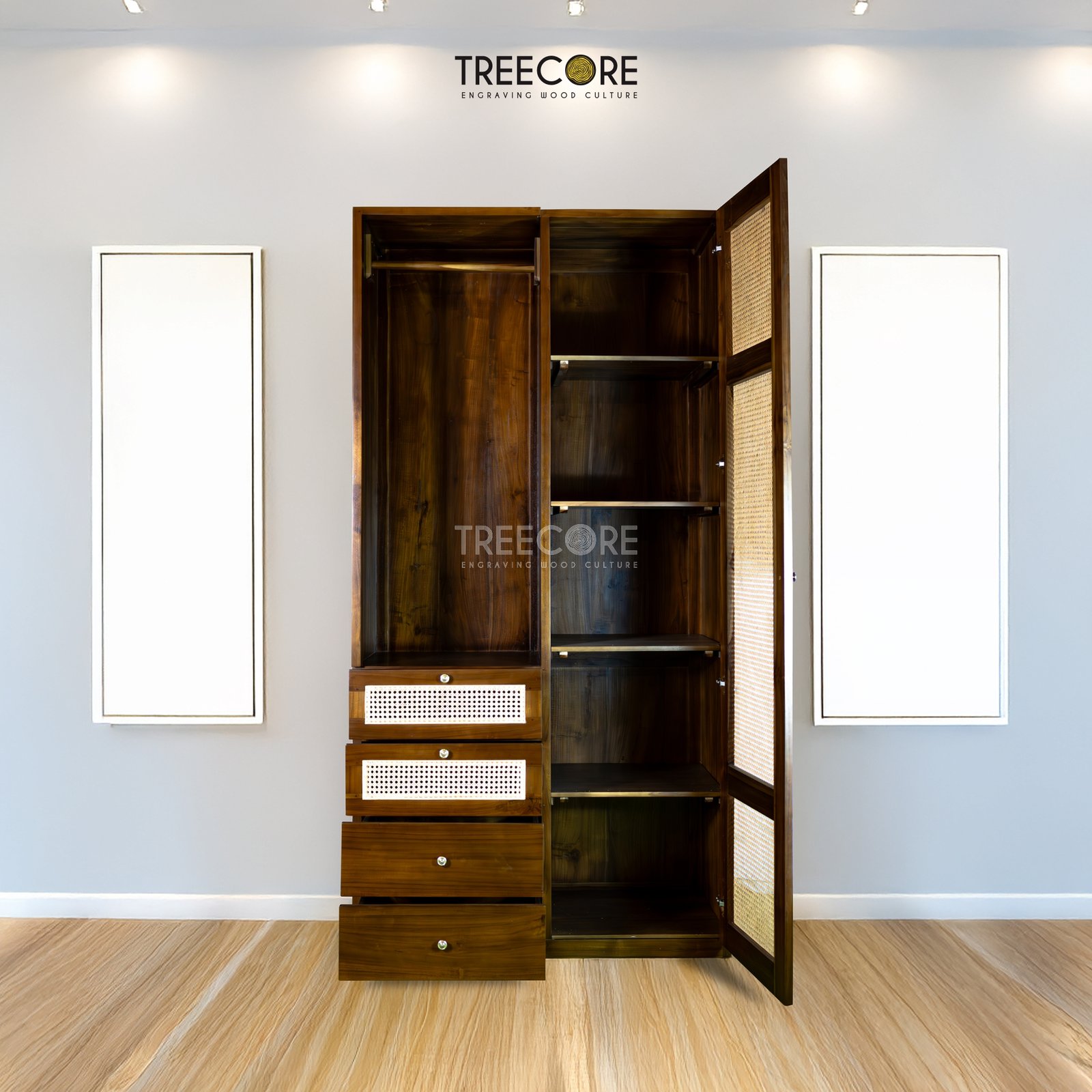 Handcrafted Wooden Wardrobe with Drawers and Natural Rattan Accents