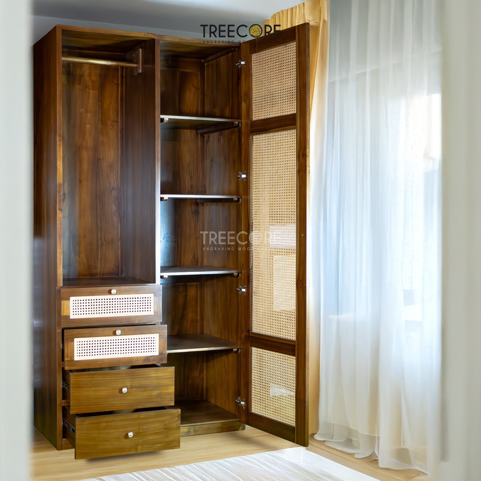 Handcrafted Wooden Wardrobe with Drawers and Natural Rattan Accents