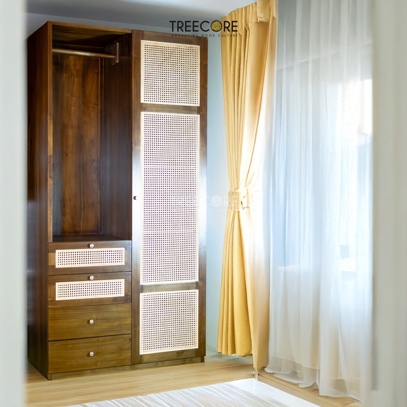 Handcrafted Wooden Wardrobe with Drawers and Natural Rattan Accents