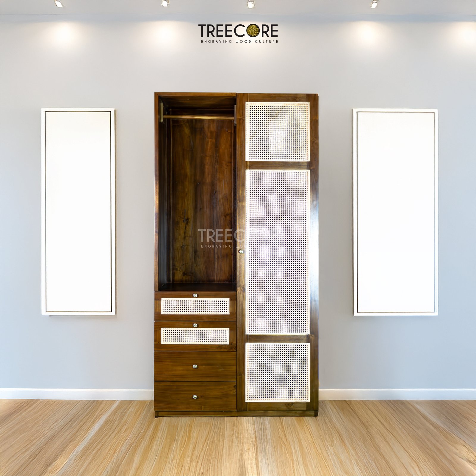 Handcrafted Wooden Wardrobe with Drawers and Natural Rattan Accents
