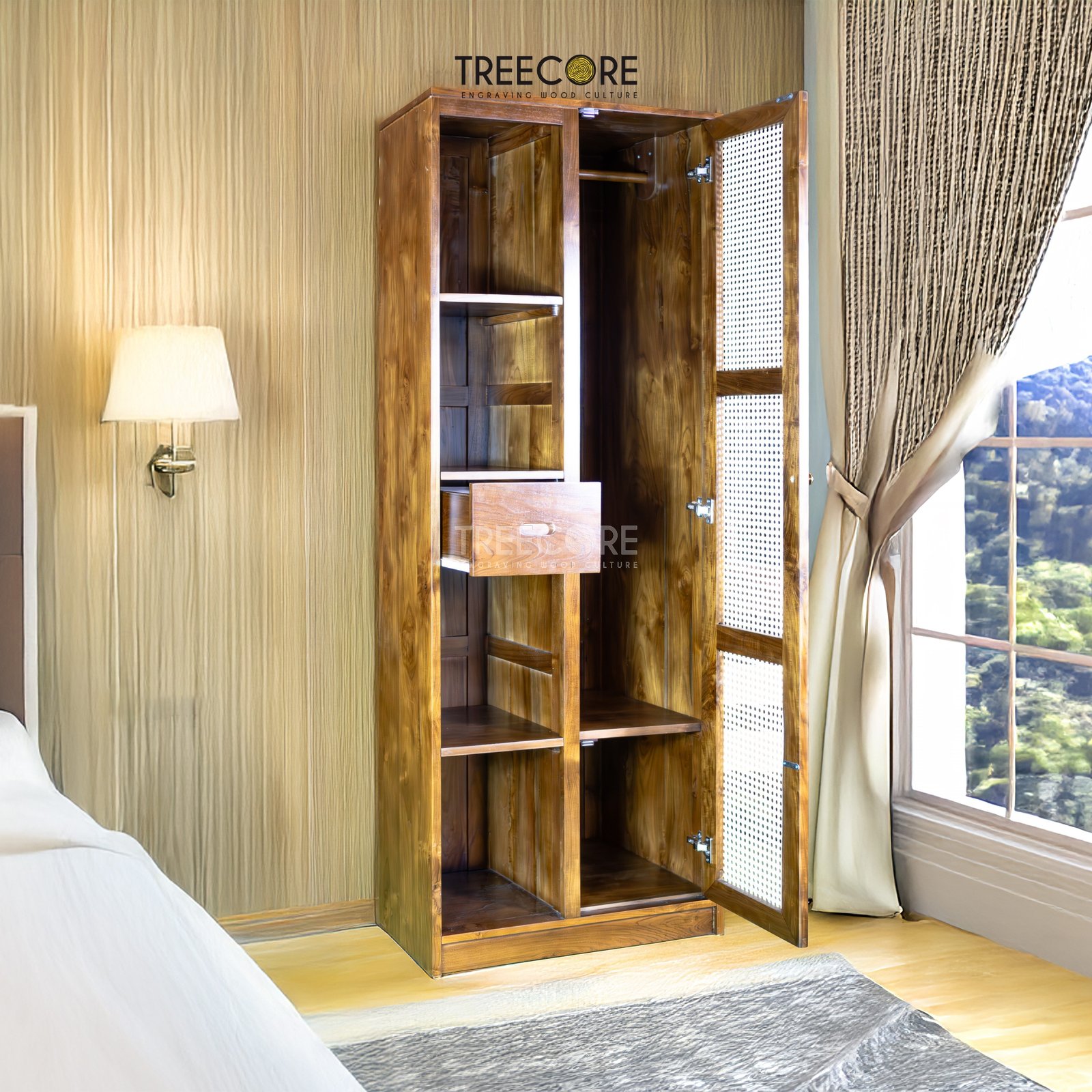 Rustic Rattan Wardrobe with Tiered Shelves and Spacious Hanging Storage