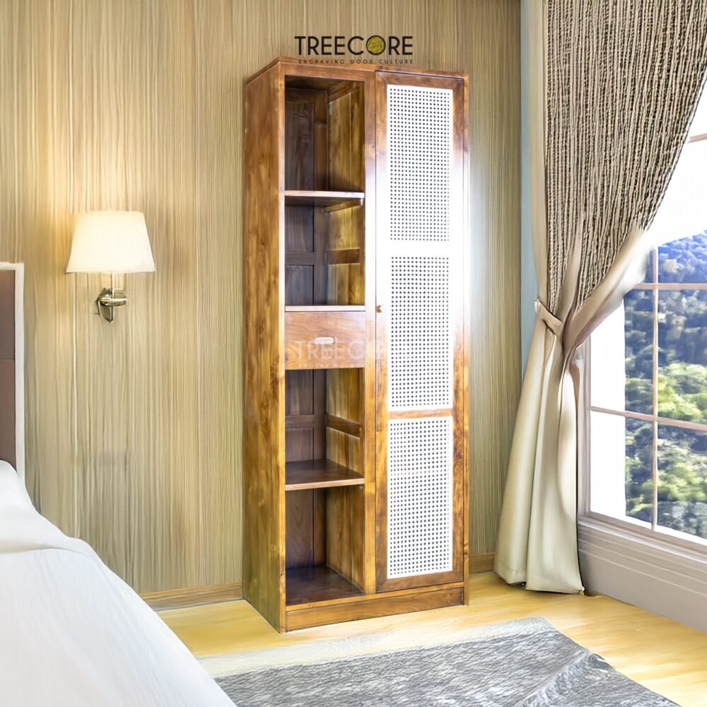 Storage-45-b0cd2b0d Rustic Rattan Wardrobe with Tiered Shelves and Spacious Hanging Storage