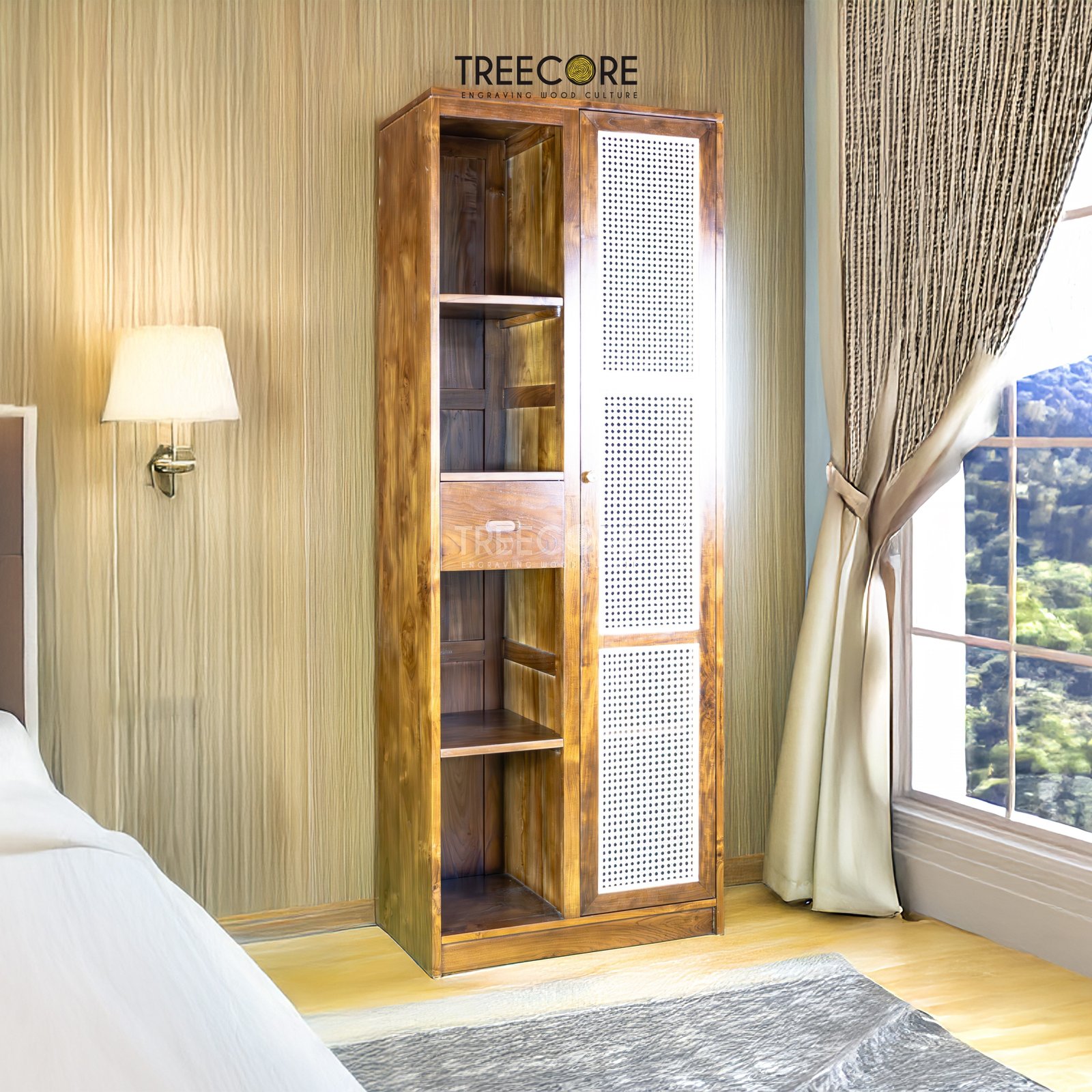 Rustic Rattan Wardrobe with Tiered Shelves and Spacious Hanging Storage