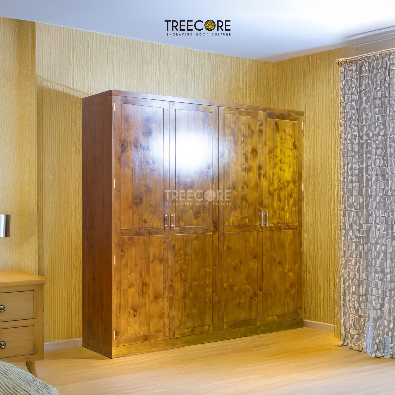 Rustic 4-Door Wardrobe with Spacious Storage and Hanging Area