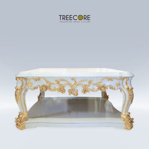 Luxury Wooden Coffee Table with Gold Detailing and Bottom Shelves