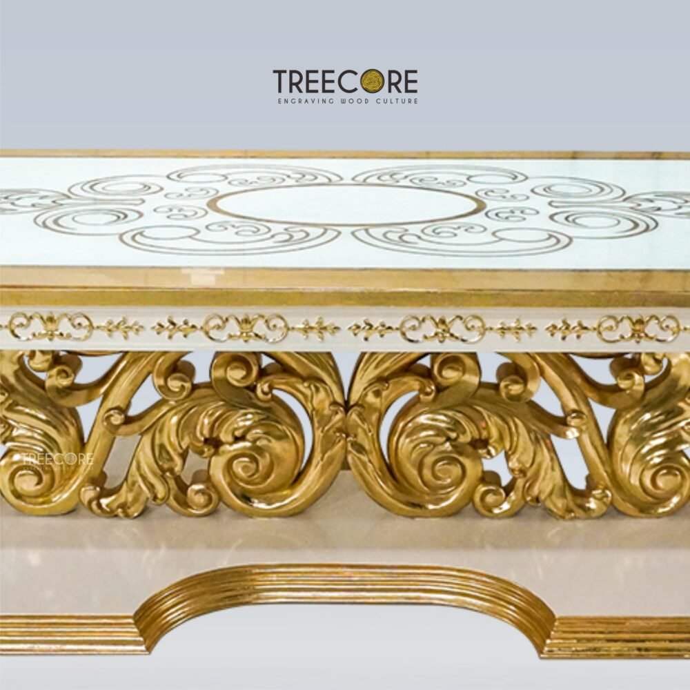 European-Style Wooden Dining Table with Glass Surface and Carved Supports