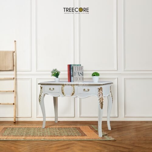 White Console Table with Gold Carved Accents and Smooth Storage Drawers
