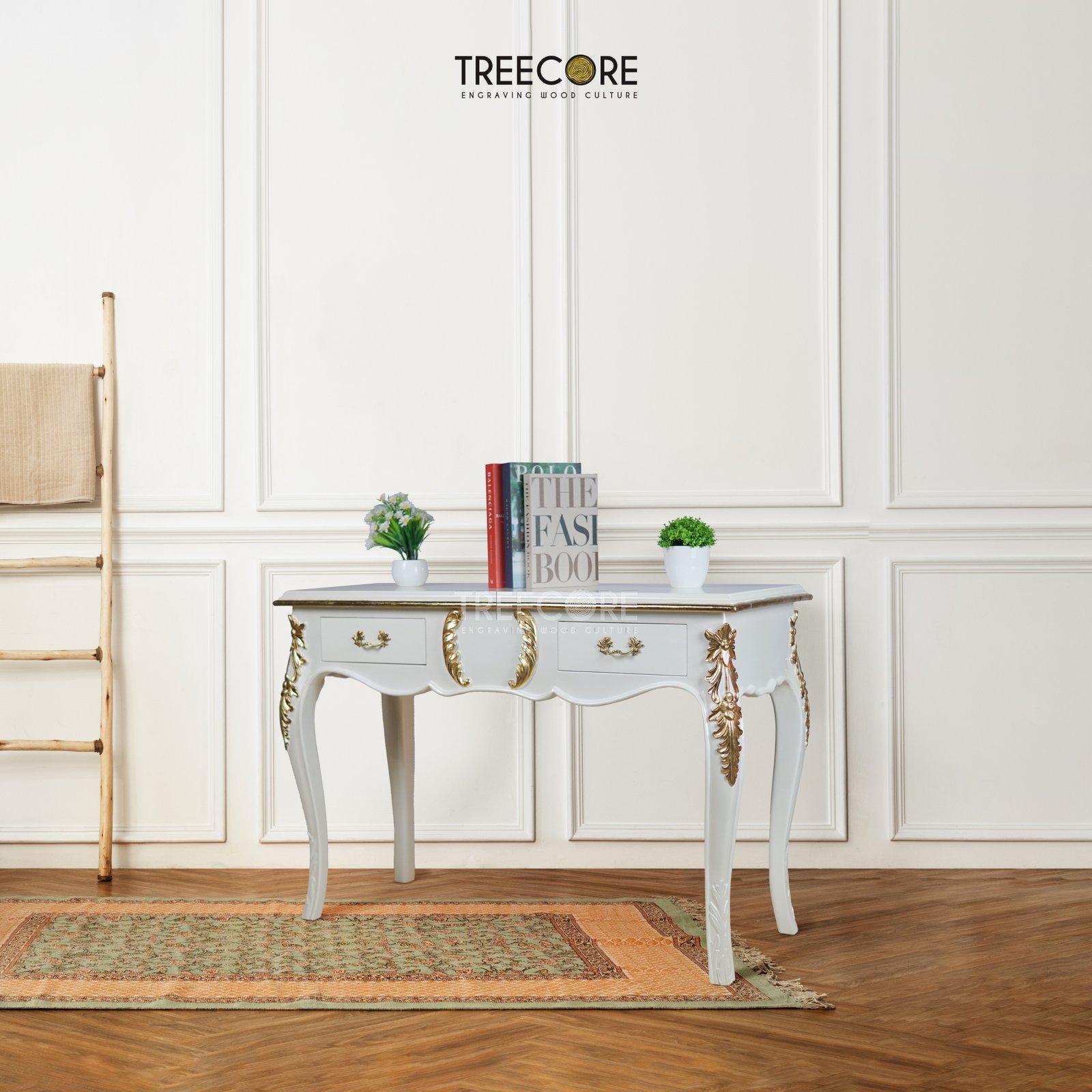 White Console Table with Gold Carved Accents and Smooth Storage Drawers