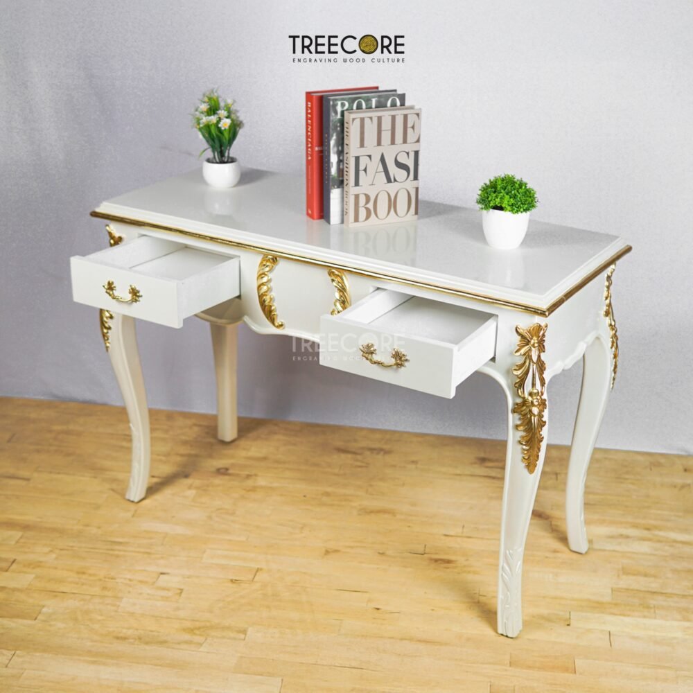 White Console Table with Gold Carved Accents and Smooth Storage Drawers