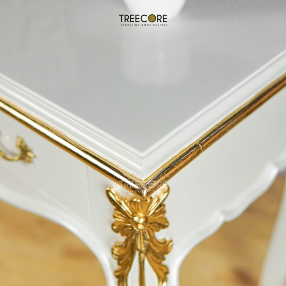 White Console Table with Gold Carved Accents and Smooth Storage Drawers