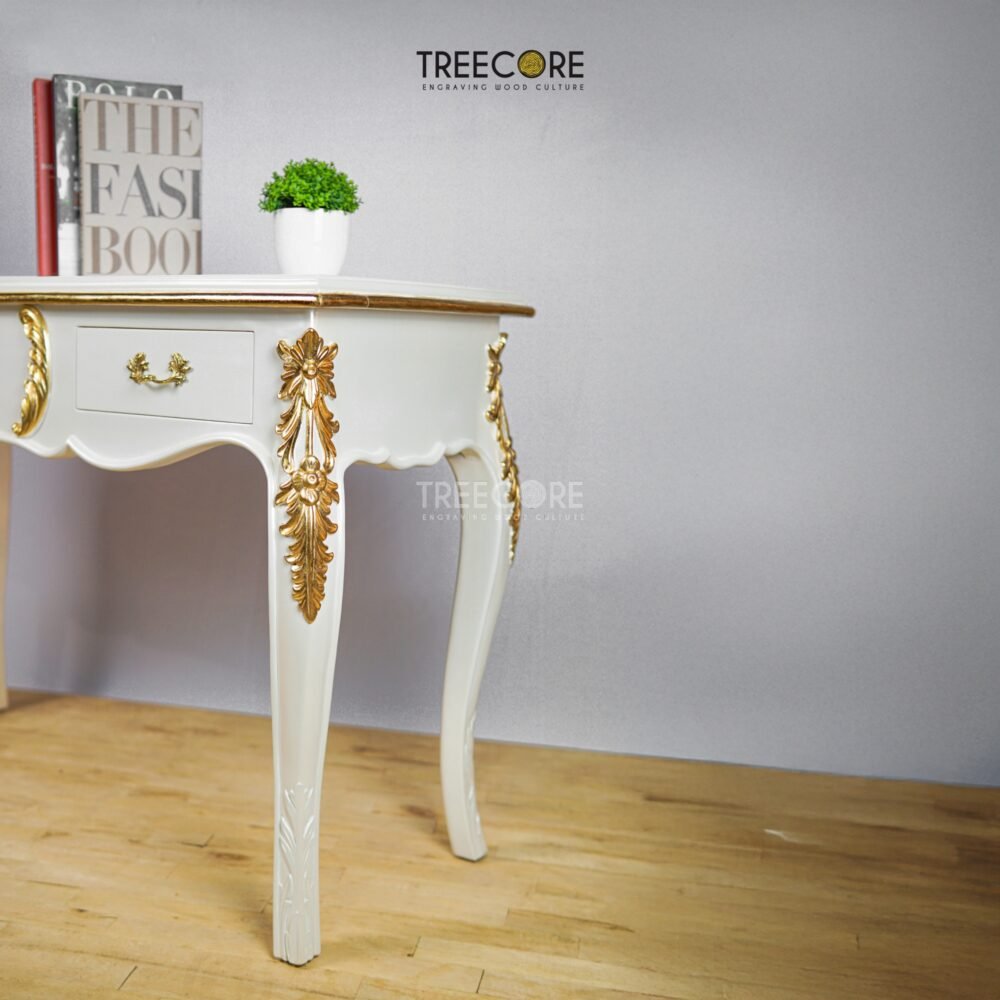 White Console Table with Gold Carved Accents and Smooth Storage Drawers