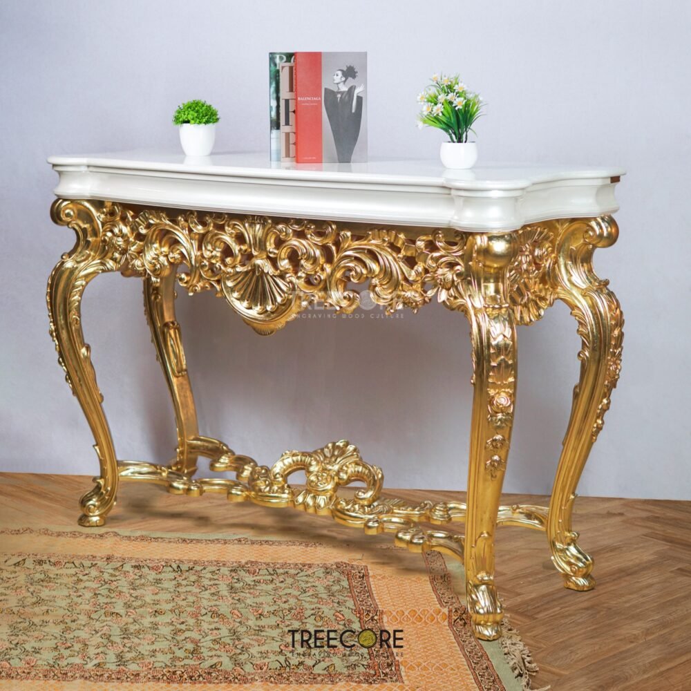 Gold-Carved Console Table with White Marble Surface