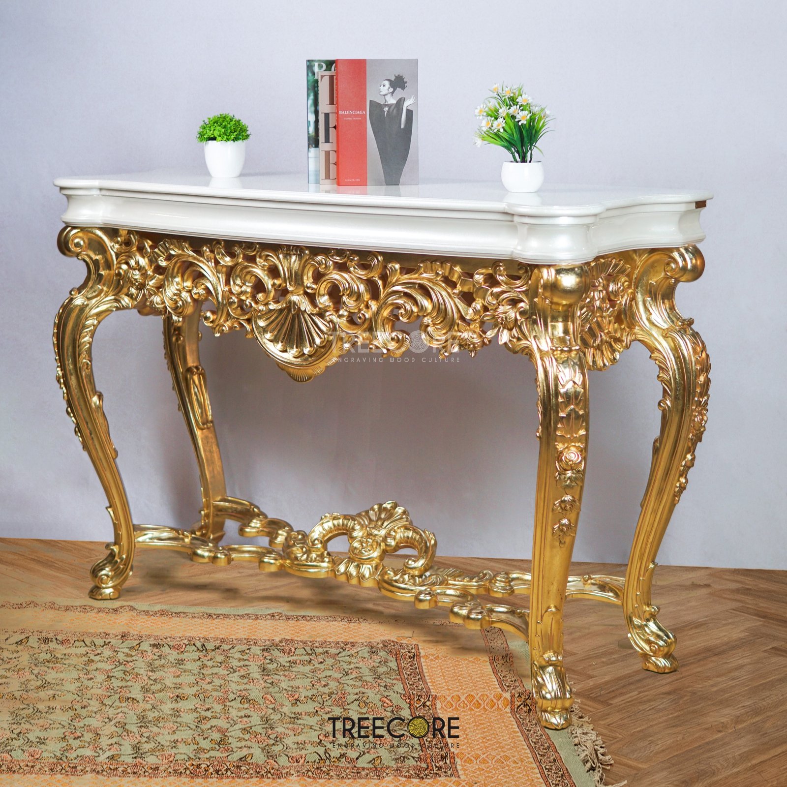 Gold-Carved Console Table with White Marble Surface