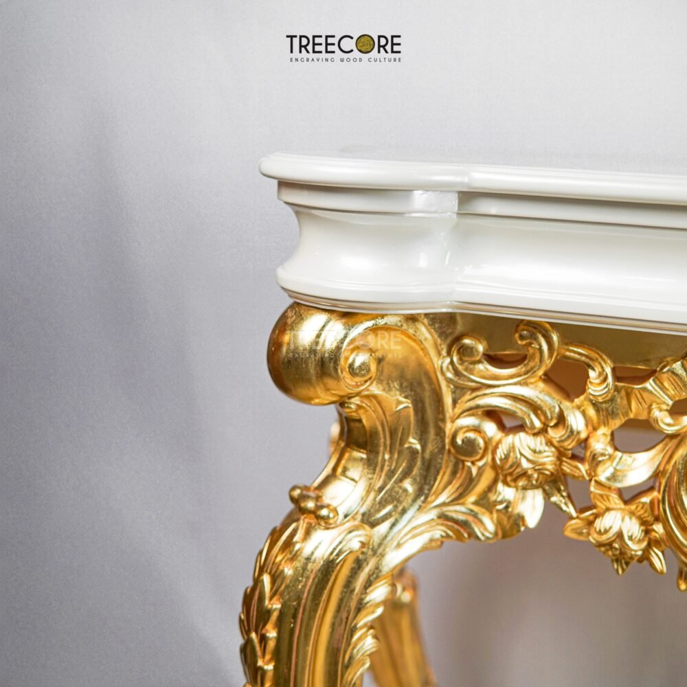 Gold-Carved Console Table with White Marble Surface