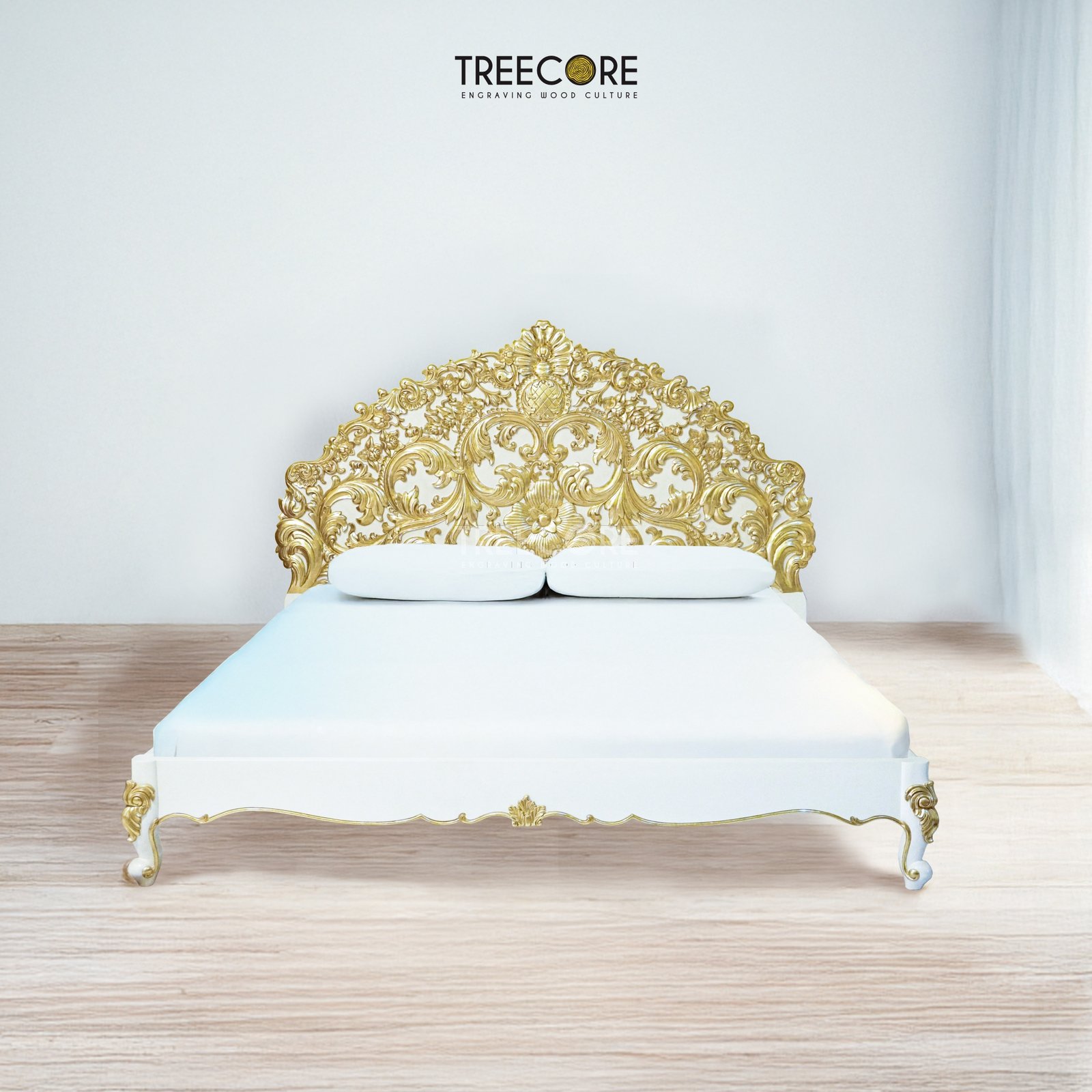 Luxurious Wooden Bed with Elegant Carvings