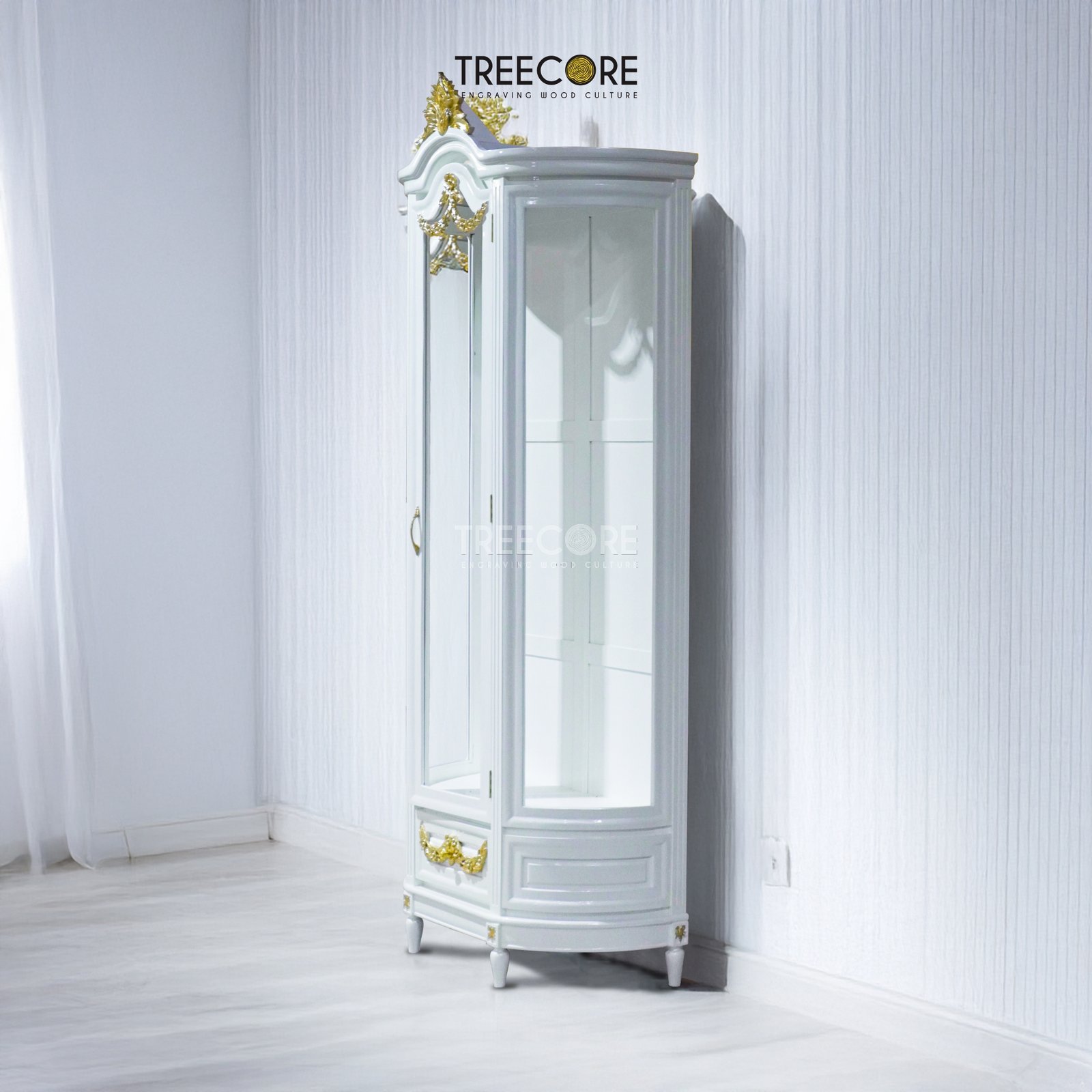 Charming Wooden Display Cabinet with Glass Door and Hand-Carved Detailing