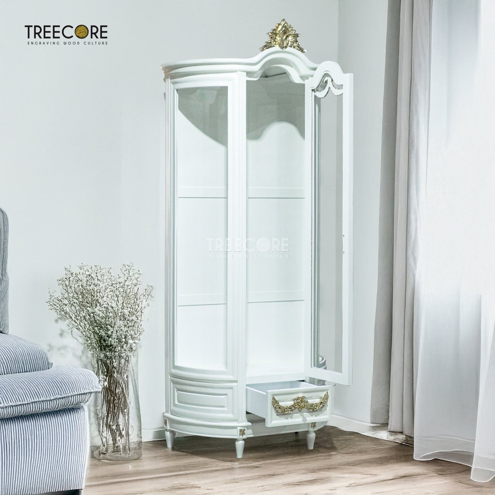 Charming Wooden Display Cabinet with Glass Door and Hand-Carved Detailing