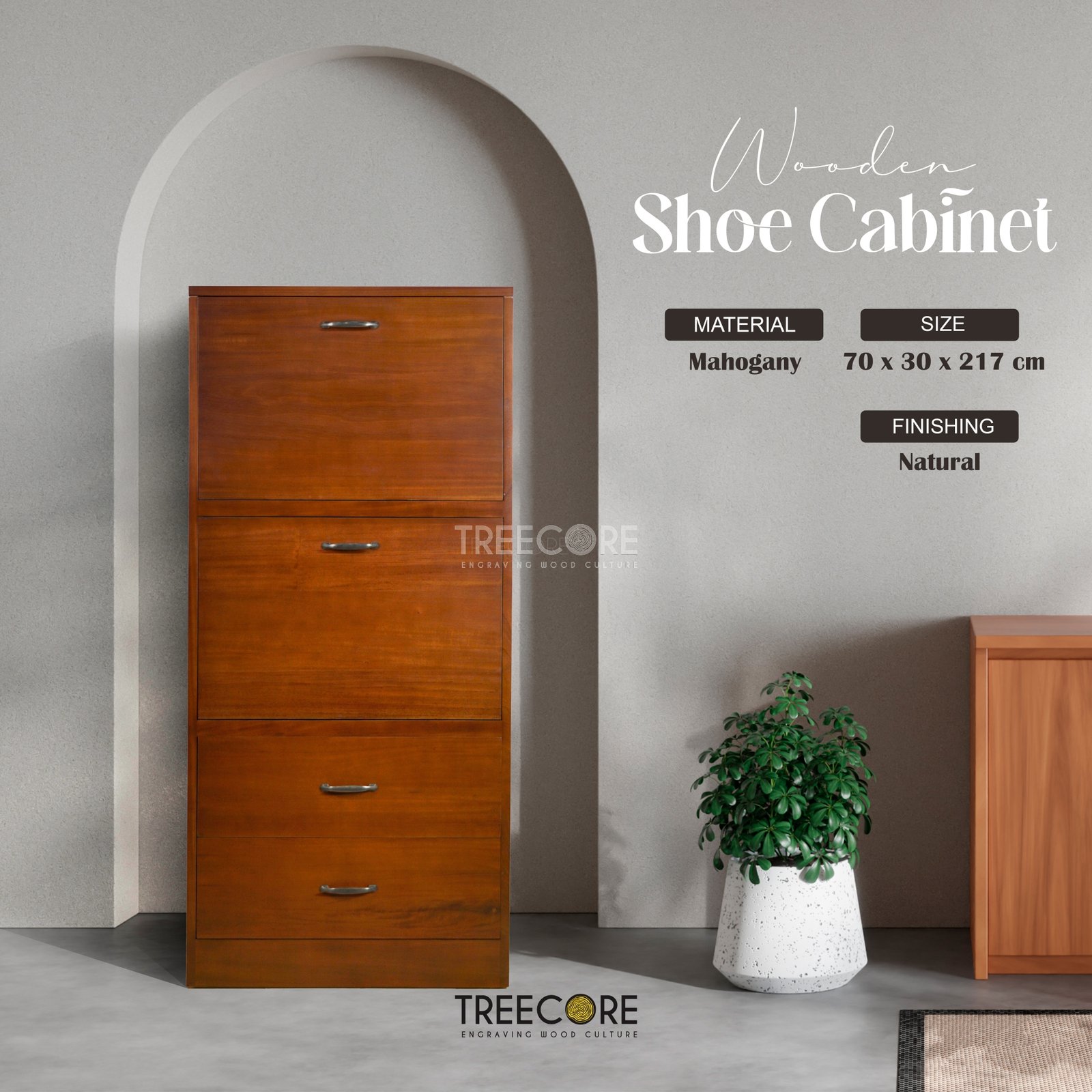 Elegant Mahogany Wooden Shoe Cabinet with natural finish, featuring a tall, space-saving design with multiple compartments and drawers.