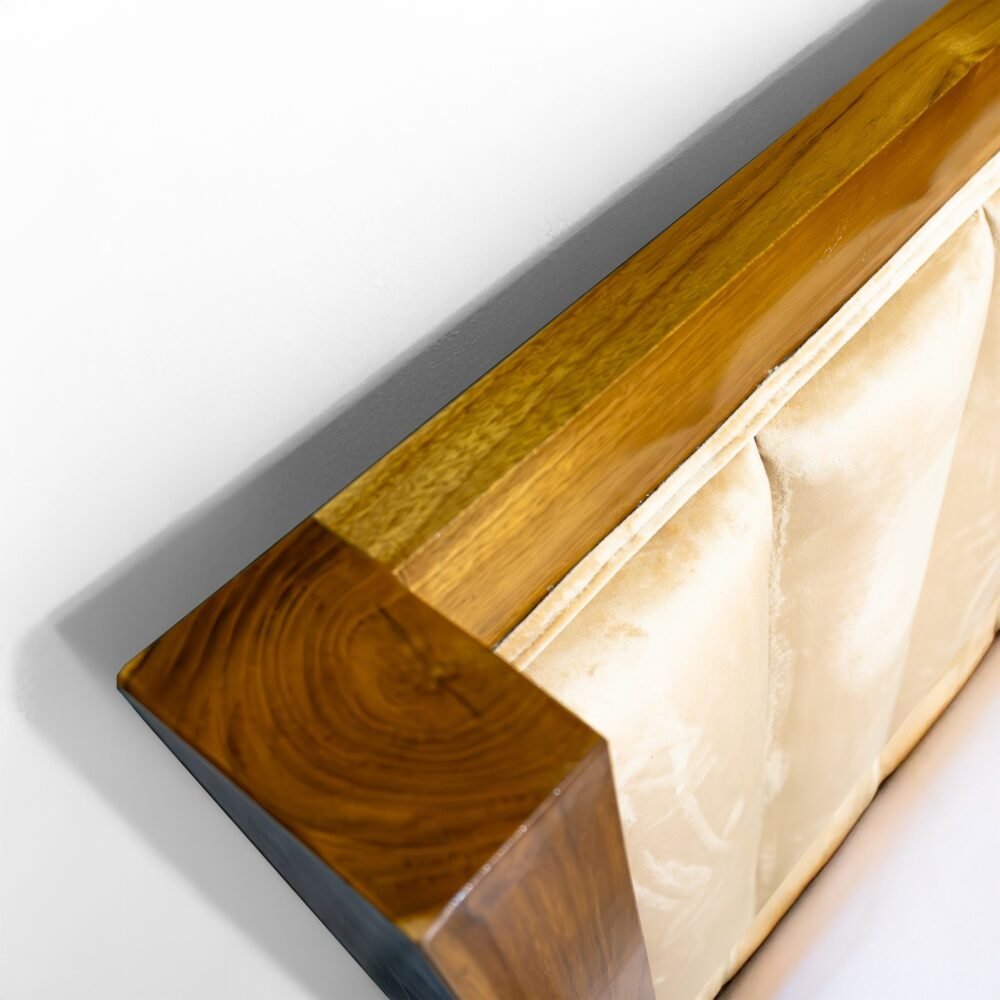 The Elegant Fabric Accent Bed combines solid teak wood, light fabric headboard, and satin finish for timeless bedroom comfort and refined elegance.