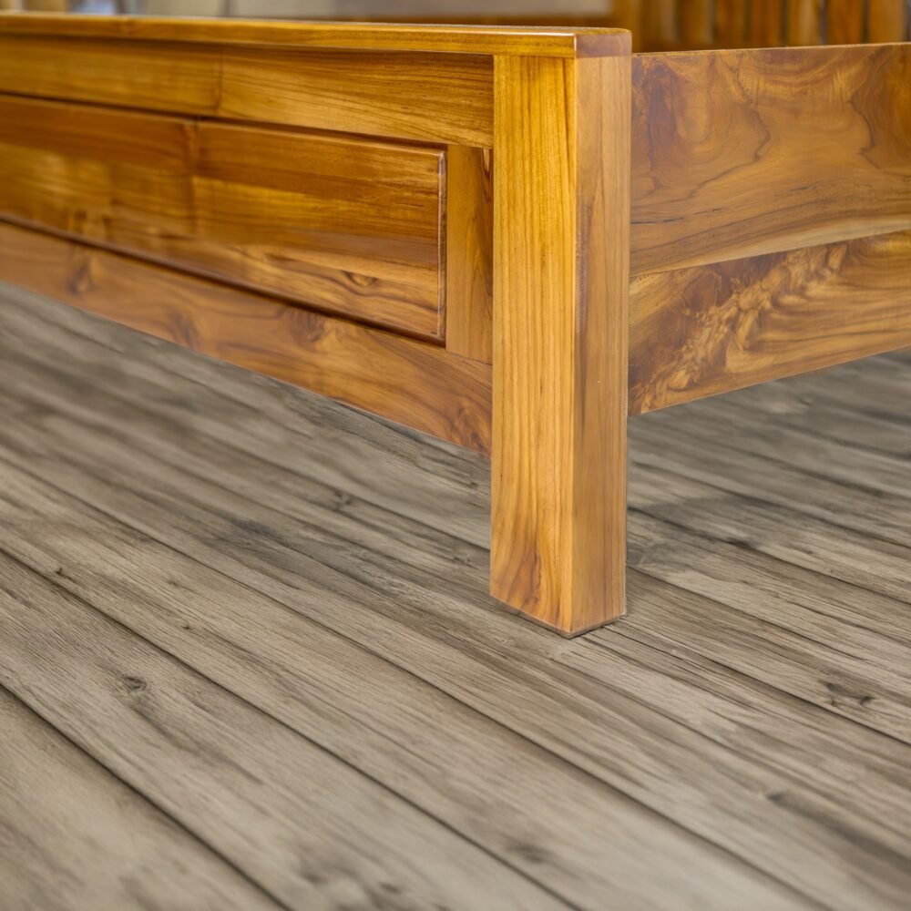 The Teak Serenity Slumber Bed, crafted from solid teak wood with satin finish, offers lasting comfort, timeless elegance, and minimalist bedroom style.