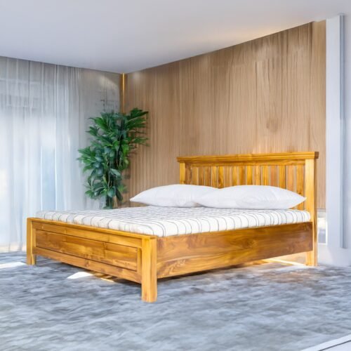 The Teak Serenity Slumber Bed, crafted from solid teak wood with satin finish, offers lasting comfort, timeless elegance, and minimalist bedroom style.