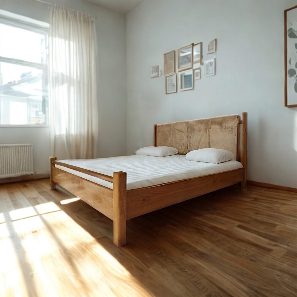 The Minimalist Solid Wooden Bed features solid teak wood, a soft touch headboard, and a natural satin finish for timeless bedroom elegance.