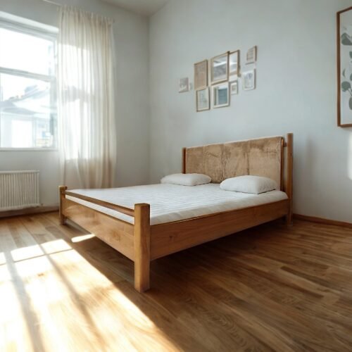 The Minimalist Solid Wooden Bed features solid teak wood, a soft touch headboard, and a natural satin finish for timeless bedroom elegance.