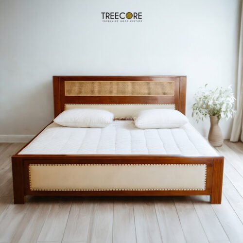 The Rattan Wooden Bed & Soft Surface Headboard