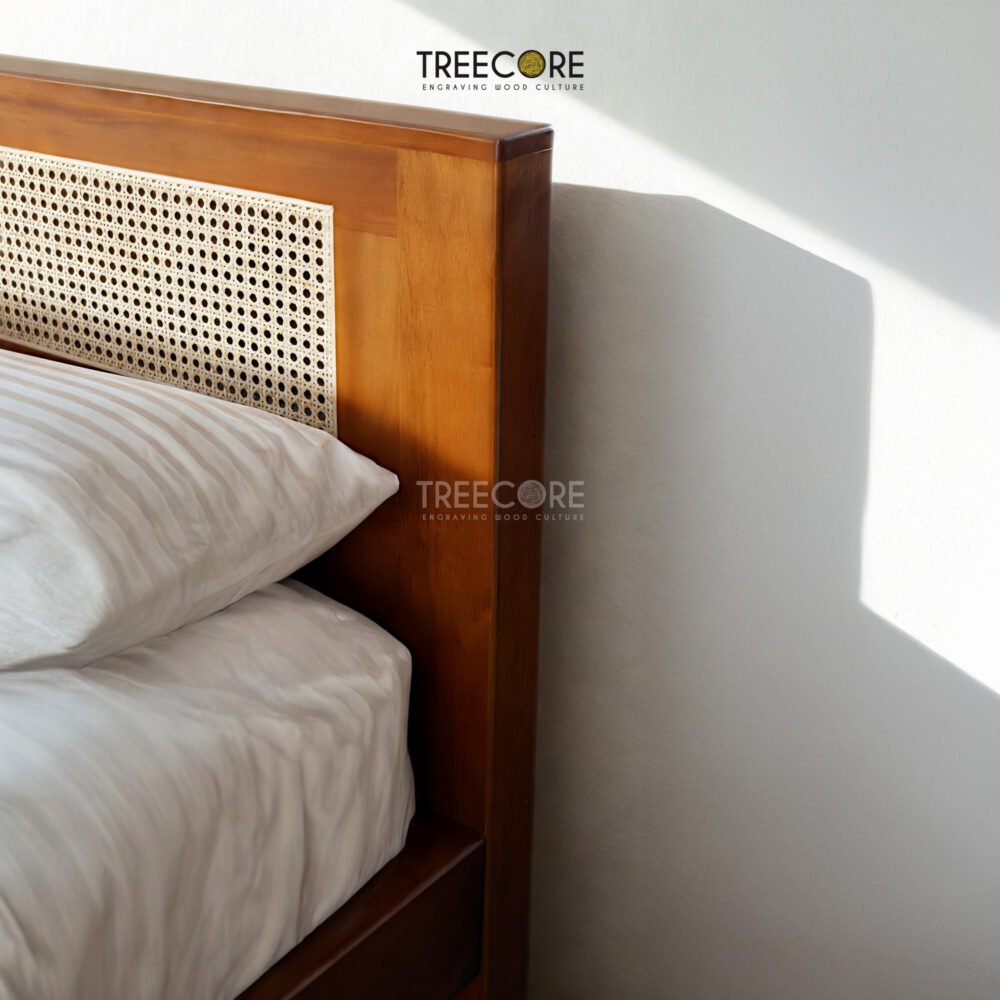 The Rattan Wooden Bed & Soft Surface Headboard