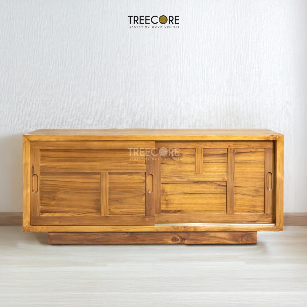 The Modern Minimalist Storage Sideboard, made from teak wood with sliding doors, offers practical storage in modern design with timeless elegance.
