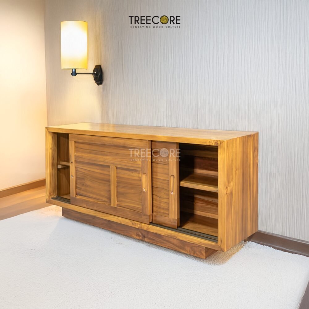 The Modern Minimalist Storage Sideboard, made from teak wood with sliding doors, offers practical storage in modern design with timeless elegance.