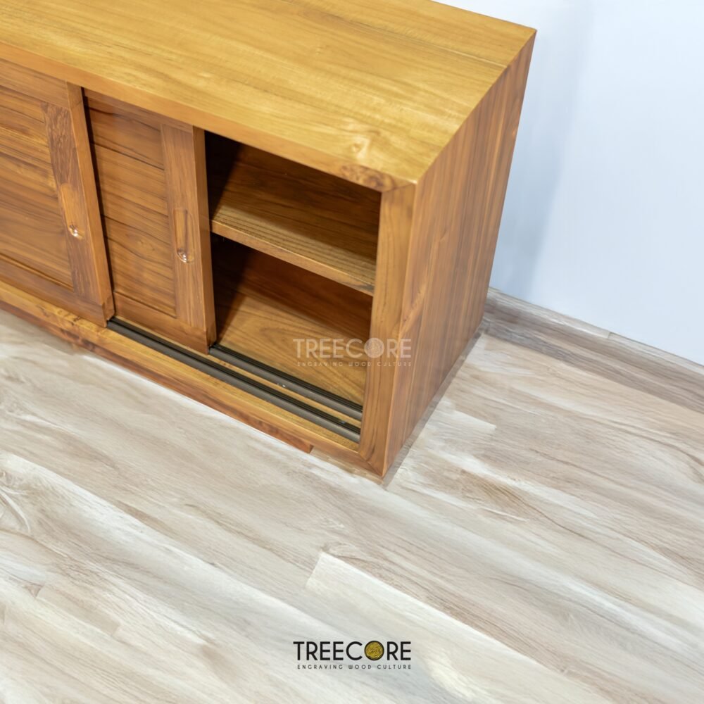 The Modern Minimalist Storage Sideboard, made from teak wood with sliding doors, offers practical storage in modern design with timeless elegance.