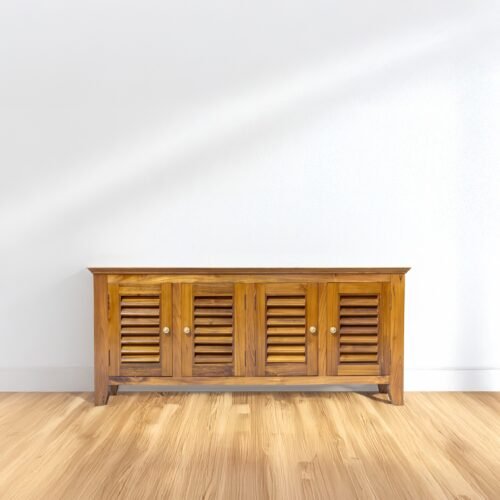 The Slatted Door Buffet, crafted from solid teak wood with satin finish, offers elegant storage with timeless design and practical functionality.