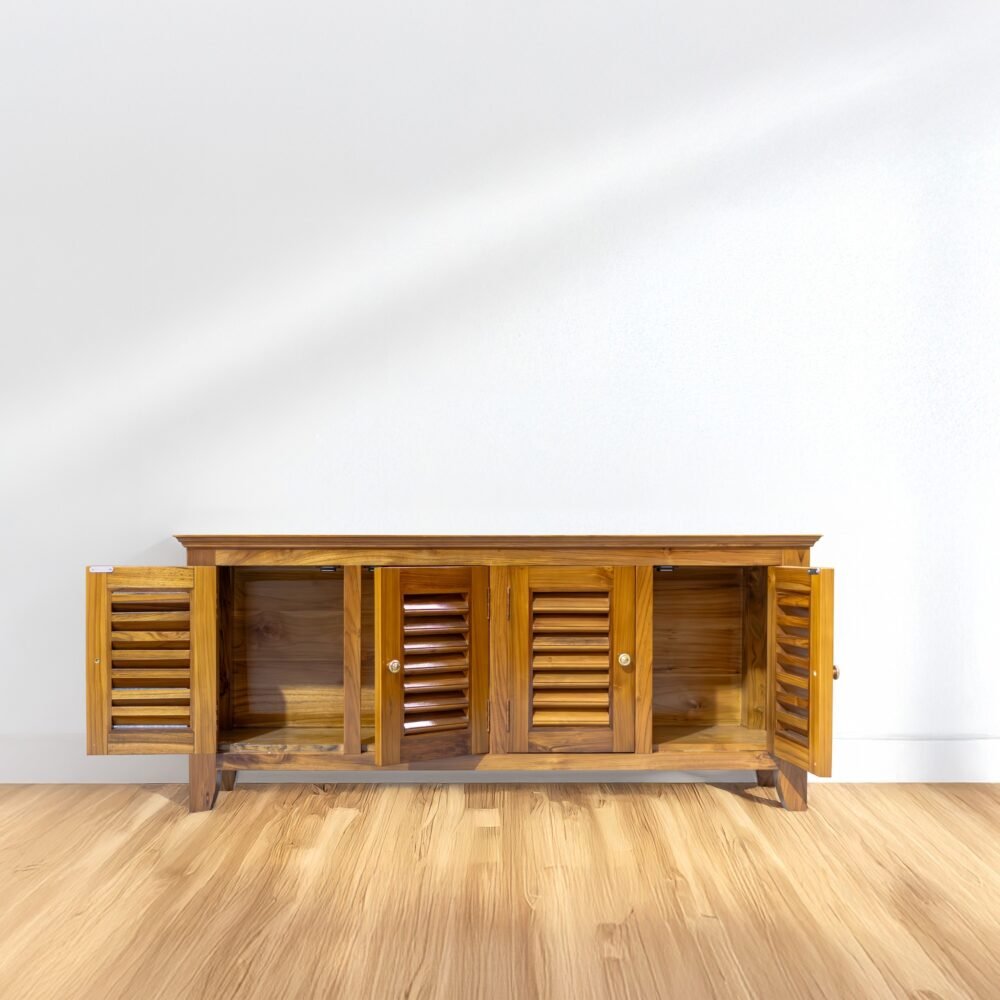 The Slatted Door Buffet, crafted from solid teak wood with satin finish, offers elegant storage with timeless design and practical functionality.
