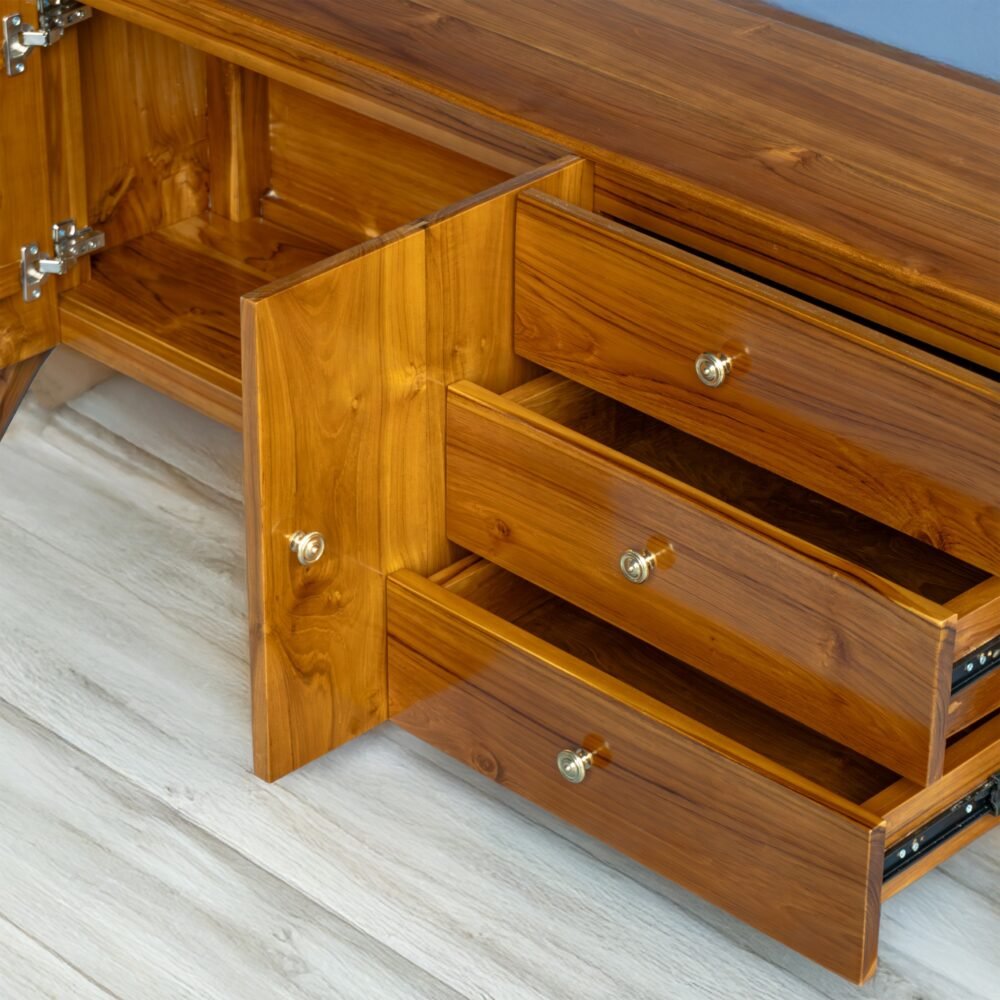 The Clean Line Wooden Sideboard, crafted from solid teak with satin finish, offers versatile drawers and elegant clean-line design for timeless interiors.