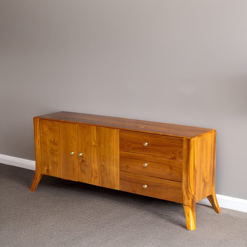 The Clean Line Wooden Sideboard, crafted from solid teak with satin finish, offers versatile drawers and elegant clean-line design for timeless interiors.
