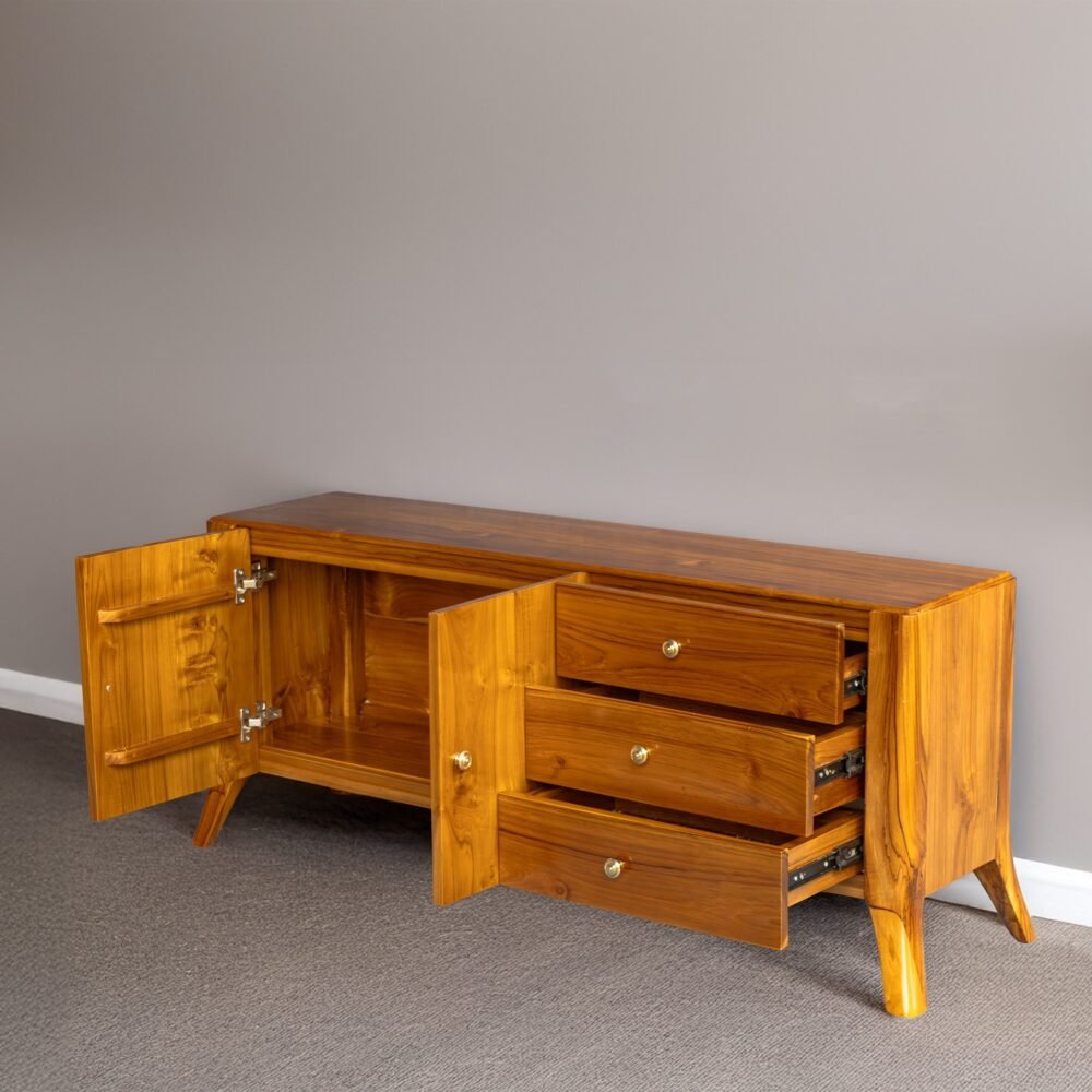 The Clean Line Wooden Sideboard, crafted from solid teak with satin finish, offers versatile drawers and elegant clean-line design for timeless interiors.