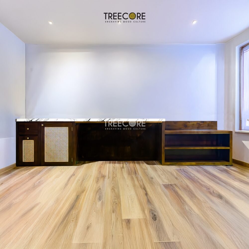 Enhance your living room with Contemporary Design TV Cabinet, crafted from teak wood and woven rattan, offering durability, storage, and timeless style.