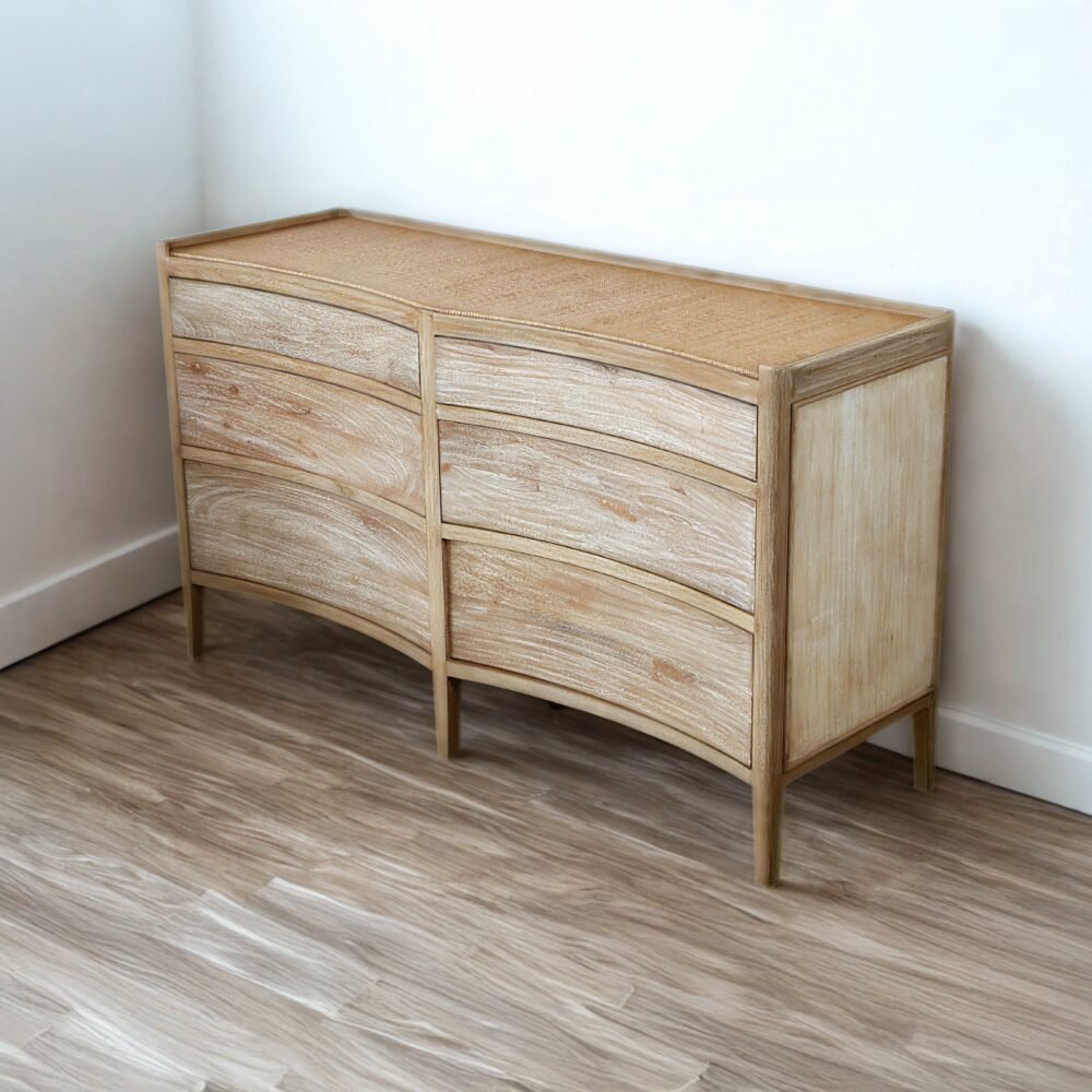 The Rustic Farmhouse Style Sideboard features teak wood, woven rattan surface, and six drawers, combining rustic charm with functional storage solutions.