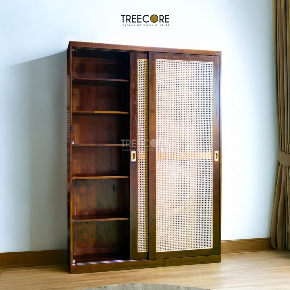 The Artisan Woven Rattan Sliding Wardrobe combines teak wood strength and rattan charm with satin finish for timeless, functional elegance.