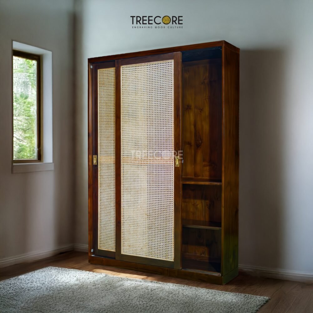 The Artisan Woven Rattan Sliding Wardrobe combines teak wood strength and rattan charm with satin finish for timeless, functional elegance.