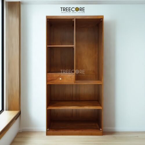 The Open Wardrobe with Drawer, made of teak wood with satin finish, offers stylish open storage and practical drawer functionality.