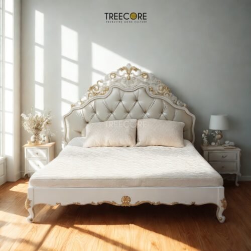 Enhance your bedroom with the Luxury Headboard Wooden Bed, crafted from mahogany wood with pearl finish and genuine gold leaf accents.